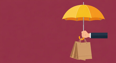 World Consumer Rights Day Hand Holding Yellow Umbrella and Paper Shopping Bag Conceptual Illustration on White Background, Studio View, Business and Lifestyle Theme