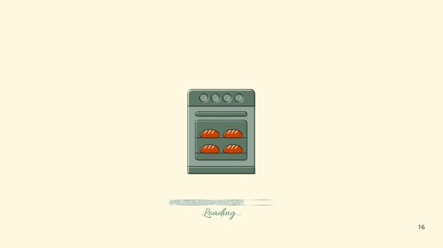 Digital illustration of a modern kitchen oven baking fresh bread loaves, presented as a progress loading bar animation
