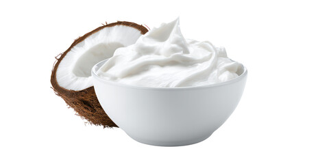 A White Ceramic Bowl Filled with Thick Creamy Coconut Yogurt or Cosmetic Cream with a Fresh Half Coconut Fruit Isolated on a Transparent Background.