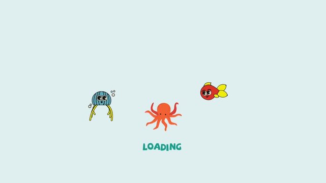 Animated aquatic creatures swim across a vibrant blue background, playfully indicating a digital loading screen in a charming illustration