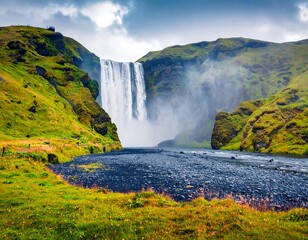 A majestic waterfall cascades down a rugged landscape of vibrant green hills, meeting a dark, rocky river under a cloudy sky