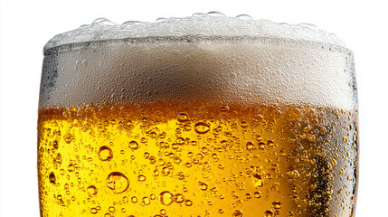 白い背景に映える黄金色の輝きと豊かな泡立ちが特徴的なキンキンに冷えたグラスビール