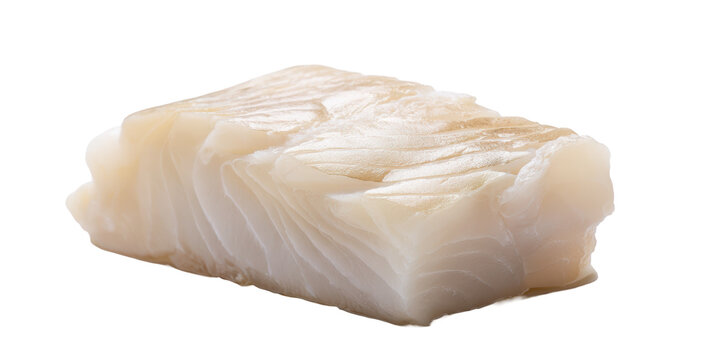 A Fresh Raw Cod Fish Fillet Block Showing the Delicate Flaky Texture of the White Meat, a Healthy Seafood Protein Isolated on a Transparent Background.