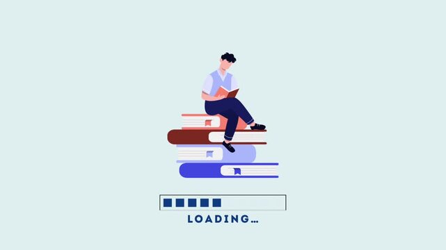A person reading on a stack of books with a loading bar, symbolizing continuous education, knowledge growth, and the journey of learning