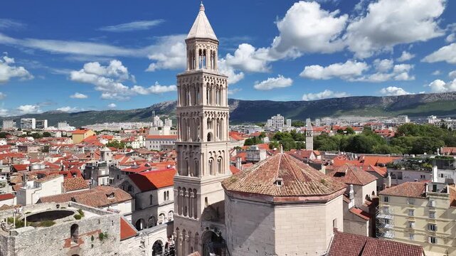 Drone video showing Saint Domnius Cathedral surrounded by Split&rsquo;s bustling city center and seafront.