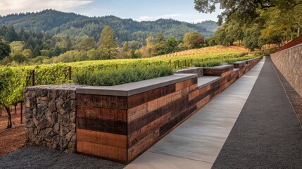 Reclaimed wood and natural stone retaining walls with tiered planters overlooking a lush vineyard hillside