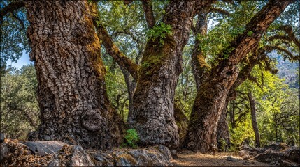 Obraz premium The Gnarled and Textured Bark of an Ancient Oak Tree in a Lush Forest