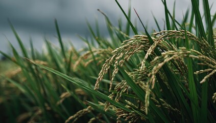 Close-up of rice plants with green leaves and grains, under a cloudy sky