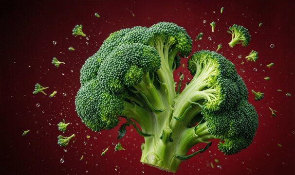 Exploding Broccoli Florette with Water Splash on Dark Red Background