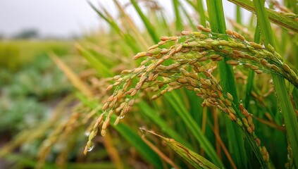 Close-up of ripe rice stalks, water droplets, farm field
