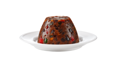 A Traditional British Christmas Pudding Full of Candied Fruits and Raisins Served on a White Plate with a Transparent Background for Festive Designs.