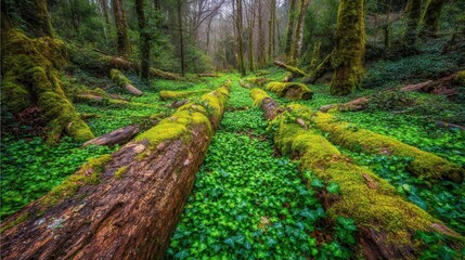 Lush forest floor covered in vibrant green moss and creeping ivy with fallen logs creating a natural pathway