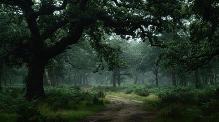 A winding dirt path disappearing into the misty, ancient forest, evoking mystery and tranquility