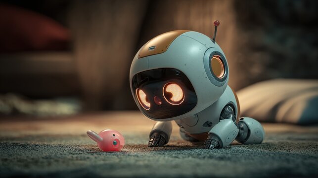 Cute Blue Robot Kid Playing with Pink Toy on Carpet in Cozy Room