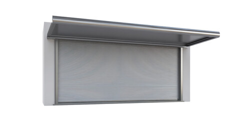 A Realistic 3d Rendering of a Closed Silver Metallic Roll Up Shutter Door for a Garage or Warehouse Isolated on a Transparent Background.