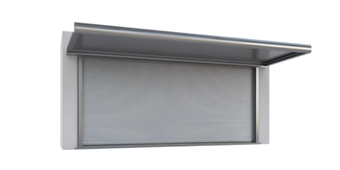 A Realistic 3d Rendering of a Closed Silver Metallic Roll Up Shutter Door for a Garage or Warehouse Isolated on a Transparent Background.