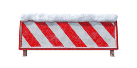 A Festive Christmas Road Barrier with Red and White Candy Cane Stripes Is Covered in a Thick Blanket of Fresh Snow on a Transparent Background.