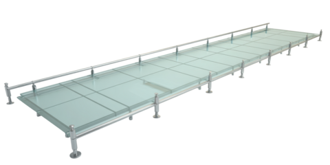 A Contemporary Glass Floor Walkway Featuring a Long Straight Path with Safety Handrails Made from Shiny Chrome Metal on a Transparent Background.
