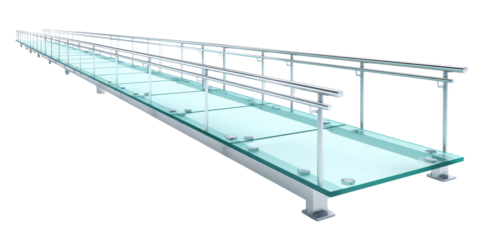 A Modern Architectural Bridge with a Clear Glass Floor and Shiny Metal Handrails, a 3d Rendered Illustration Isolated on a Transparent Background.