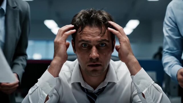 Stressed Businessman with Hands on Head Facing Pressure in Corporate Office Setting