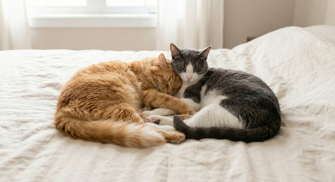 Two cats, ginger tabby and grey, cuddling and sleeping together on a bed