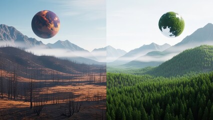 Climate Change Concept Split Landscape With Dead And Green Planets. AI Generated