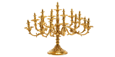 An Ornate Vintage Golden Candelabrum with Multiple Arms and Intricate Details in a Classic Baroque Style on a Transparent Background