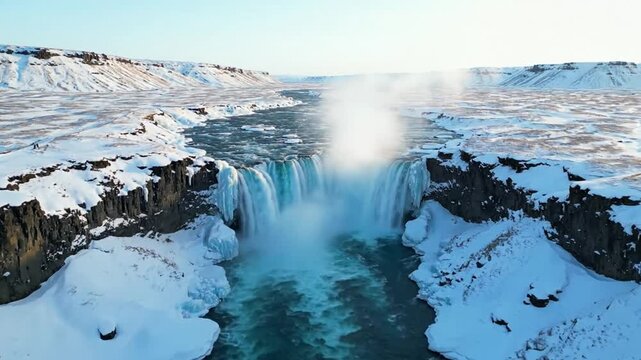 Snowy Landscape with Waterfall and Frozen River.