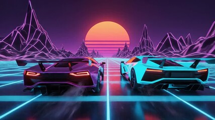 Dynamic retrofuturistic race featuring two sleek sports cars speeding across a vibrant neon grid landscape towards a glowing sunset embodying the synthwave aesthetic of the 1980s digital era with int. - Powered by Adobe