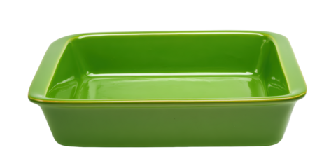 A Vibrant Green Square Ceramic Baking Dish with a Glossy Finish for Oven Cooking and Serving Meals Isolated with a Transparent Background.