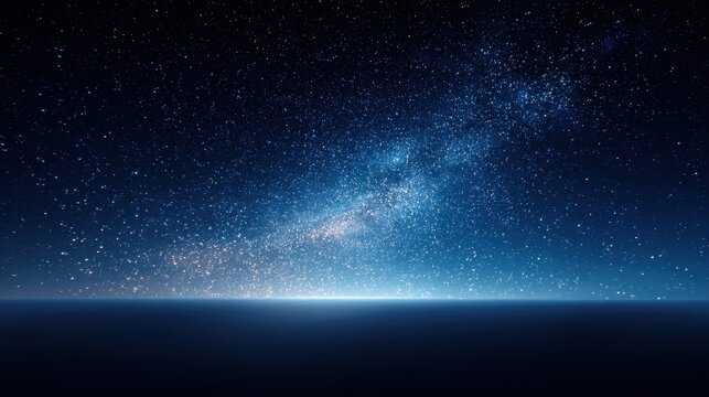 A vast and luminous galaxy stretches across the deep cosmic night sky, filled with countless sparkling stars.