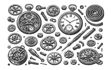 Intricate mechanical watch parts and gears illustration