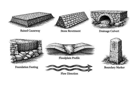Ancient engineering structures and symbols depicting water management techniques
