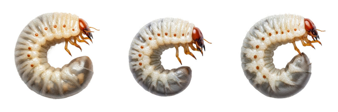 Set and Collection of Three Beetle Larvae (Grub Worms), Detailed White Grubs Lifecycle Stages Isolated on White Transparent PNG Background