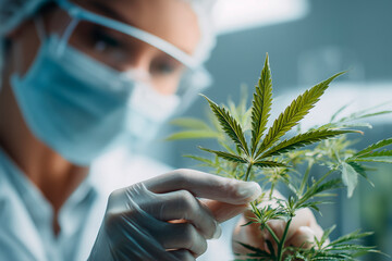Scientist examines cannabis leaf in lab. Researcher analyzes plant for medical research. Person wears mask gloves, studies herb in clean facility 