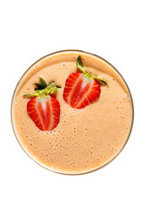 Fresh fruit smoothie topped with strawberries served in a clear glass