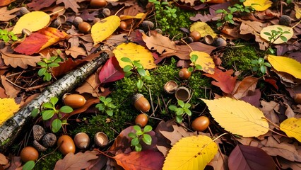 Leaves and acorns scattered on forest floor in autumn woods, natural ground cover in deciduous parkland during fall season outdoors