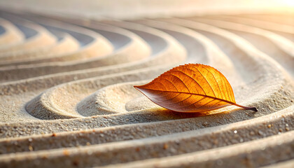 Autumn Leaf Rests on Textured Sand with Gentle Sunlight Creating Serene Ripples and Peaceful Atmosphere