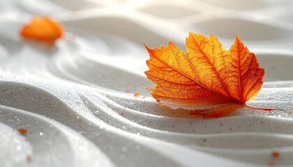 Vibrant Orange Maple Leaf Rests on Rippled White Sand Capturing Autumnal Serenity with Soft Sunlight Illuminating Sparkle
