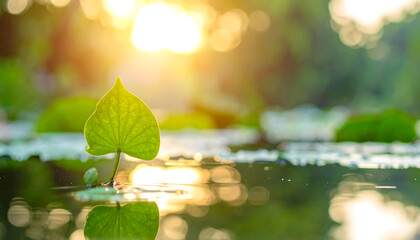 Golden Sunbeams Illuminate a Single Green Leaf Emerging from Calm Water Reflecting the Warm Sunlight with Soft Bokeh Background of Lush Greenery and Water Lilies at Dawn