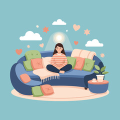 Obraz premium Woman meditating on sofa, peaceful home, mental wellness