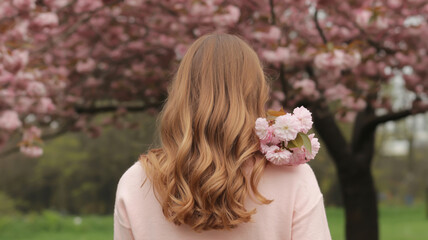 Naklejka premium woman with long hair and flowers in a park with blooming trees
