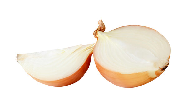 White or big onion bulb in half and quarter in stack isolated with clipping path in png file format