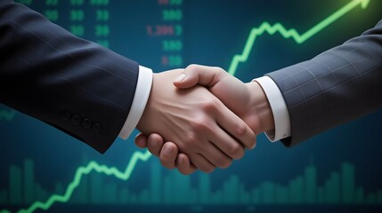 Business partners shaking hands in front of rising stock market graph