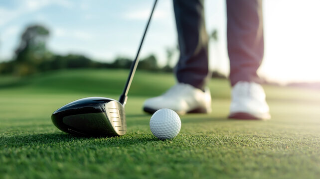 golf club and ball on green grass with golfer s legs