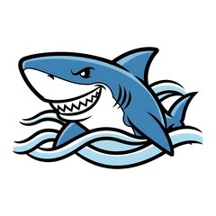 Naklejka premium A simplified cartoon shark illustration with sharp teeth and a confident grin, emerging from stylized wave lines