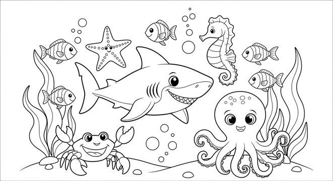 Black and white line art illustration for a children&rsquo;s coloring book featuring a group of cute sea animals including a shark, octopus, crab, starfish, seahorse, and fish swimming together underwater.