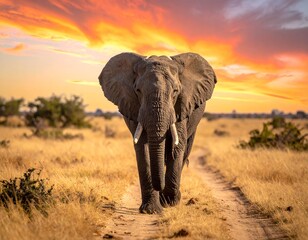 Fototapeta premium Majestic elephant walking on a dirt path through a dry grassy field during sunset with vibrant orange and yellow clouds in the sky