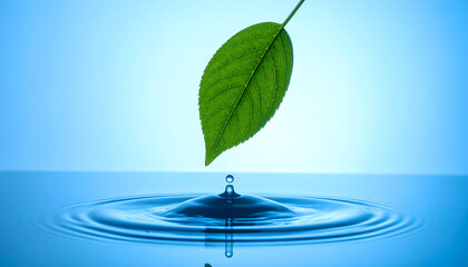 A single green leaf suspended above rippling water with a single drop falling creating concentric circles in soft blue light signifying nature and purity