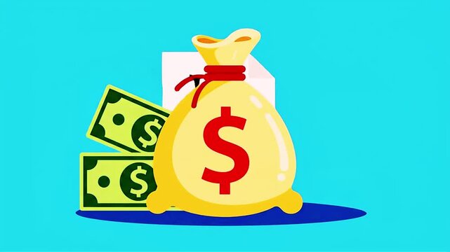 Financial wealth sack with red string drops onto a surface accompanied by green paper money and a tax day document showing payment due